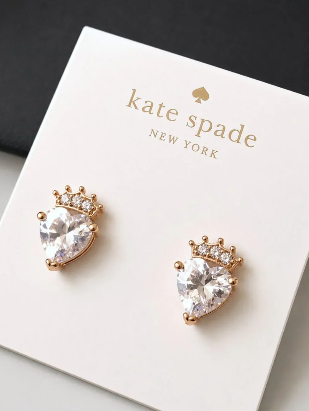Kate Spade Crystal Heart Crown Stud Earrings Gold Tone Princess Jewelry